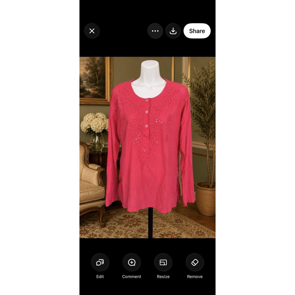 Tommy Hilfiger Women’s Pink Embroidered Sequin Henley Top Large Cotton